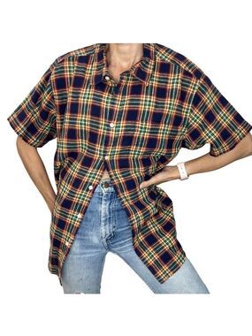 Springfield linen blend plaid short sleeve custom fit shirt 2XL